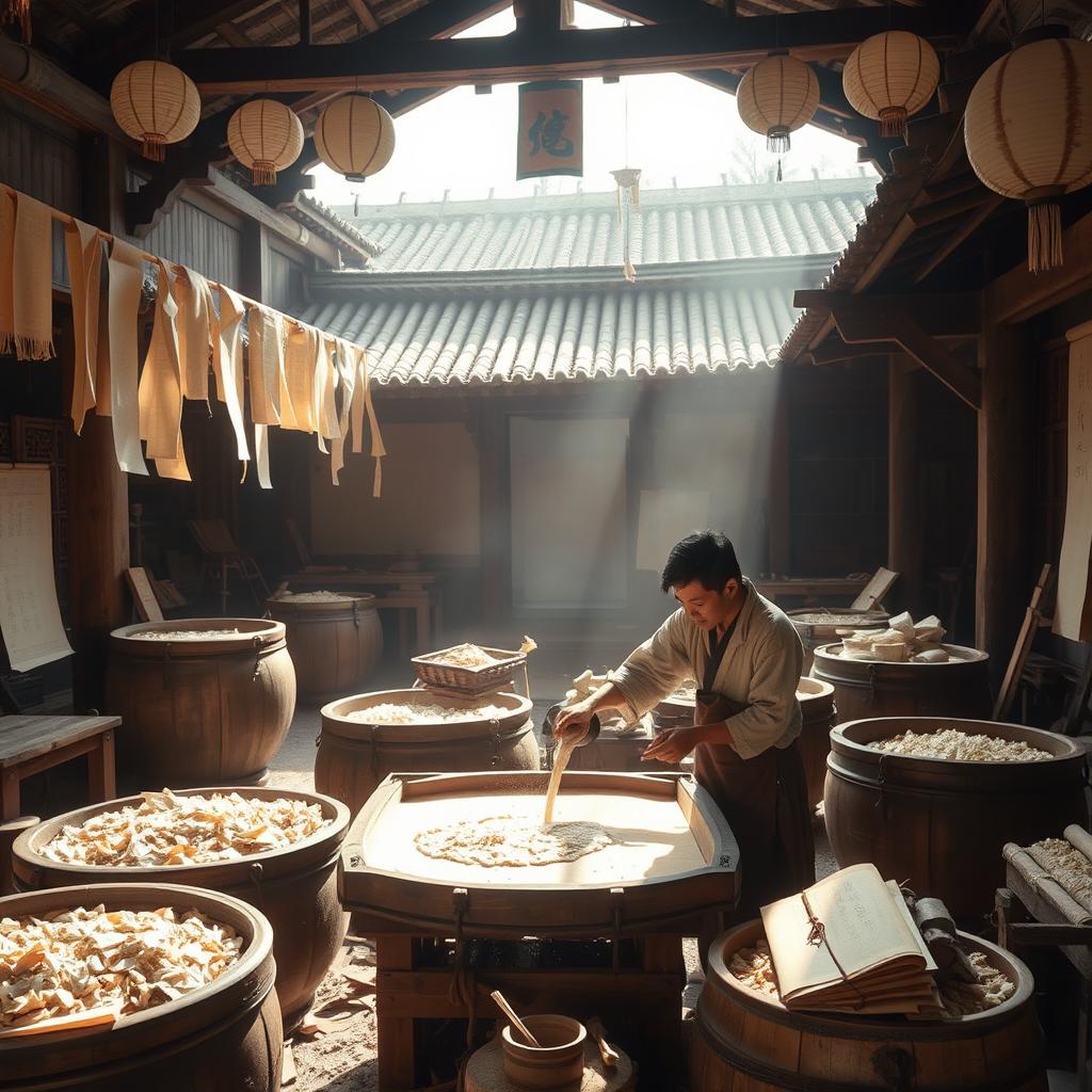 A historical scene depicting the ancient process of papermaking in China