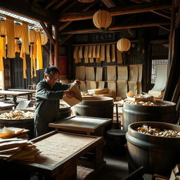 A historical scene depicting the ancient process of papermaking in China