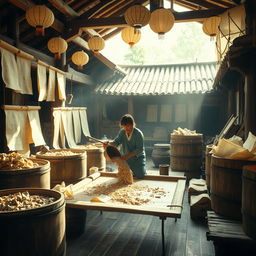 A historical scene depicting the ancient process of papermaking in China