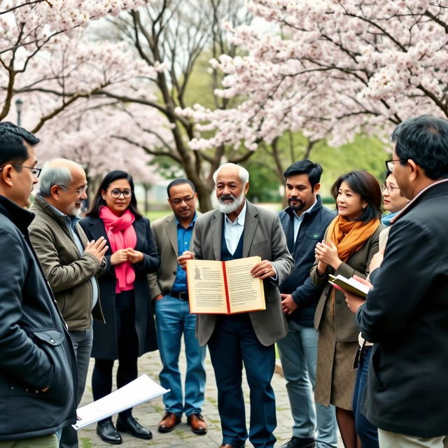 A diverse group of people engaged in a lively discussion about the teachings of Confucius