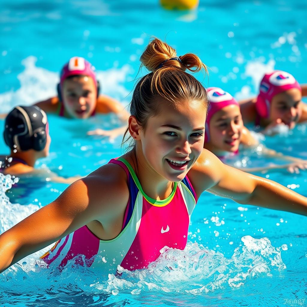 A dynamic and energetic scene featuring a teenage girl in a colorful water polo suit, splashing water as she swims confidently through a pool