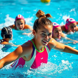 A dynamic and energetic scene featuring a teenage girl in a colorful water polo suit, splashing water as she swims confidently through a pool