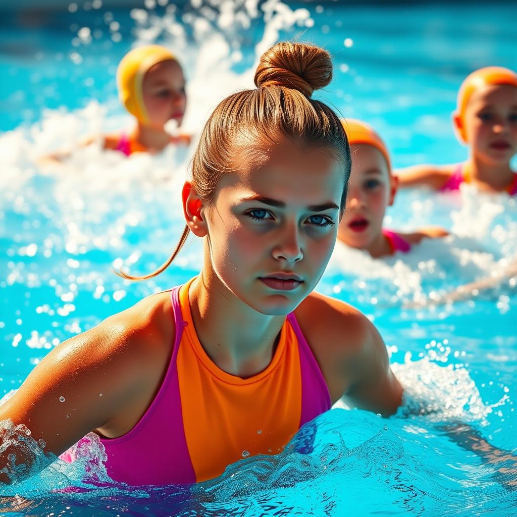 A dynamic scene showcasing a teenage girl in a brightly colored water polo suit, energetically splashing through a pool