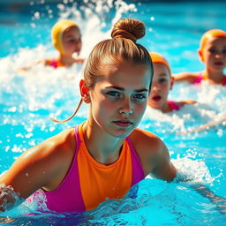 A dynamic scene showcasing a teenage girl in a brightly colored water polo suit, energetically splashing through a pool