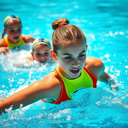 A dynamic scene showcasing a teenage girl in a brightly colored water polo suit, energetically splashing through a pool