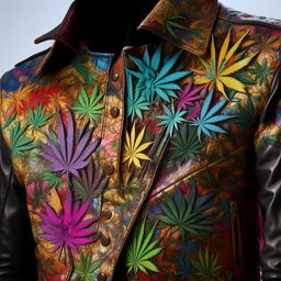 A more formal, tactile leather jacket with the vibrant, hallucinatory art of Takashi Murakami. The design focuses on a detailed, exquisitely rendered marijuana leaf graphic.