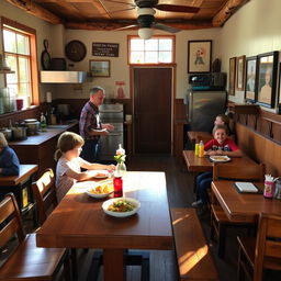 A warm and inviting family-owned restaurant with a rustic charm, featuring wooden tables and cozy seating