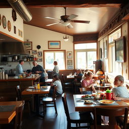 A warm and inviting family-owned restaurant with a rustic charm, featuring wooden tables and cozy seating