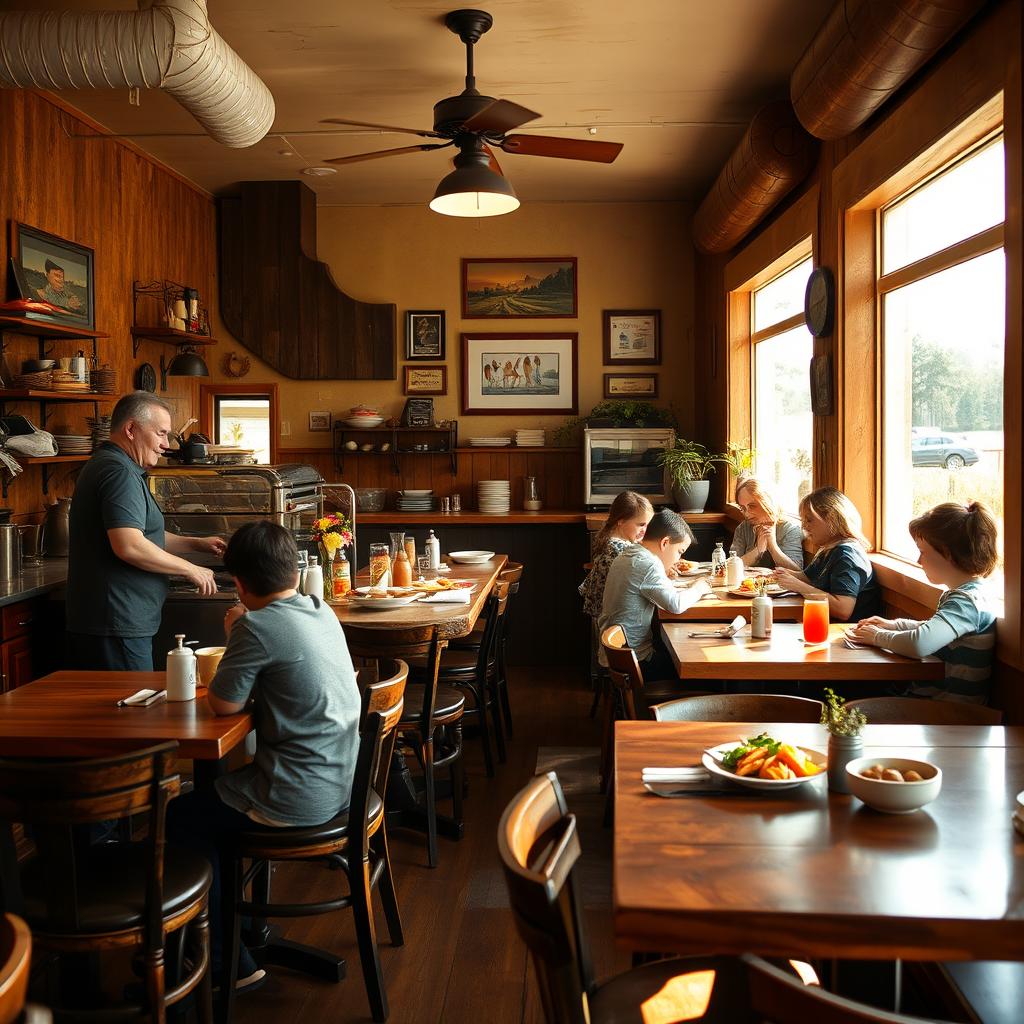 A warm and inviting family-owned restaurant with a rustic charm, featuring wooden tables and cozy seating