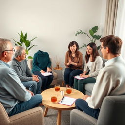 A peaceful family mediation session taking place in a serene, comfortable room