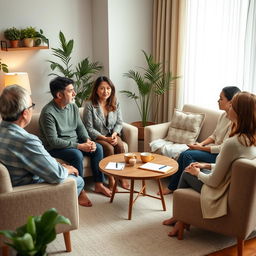 A peaceful family mediation session taking place in a serene, comfortable room