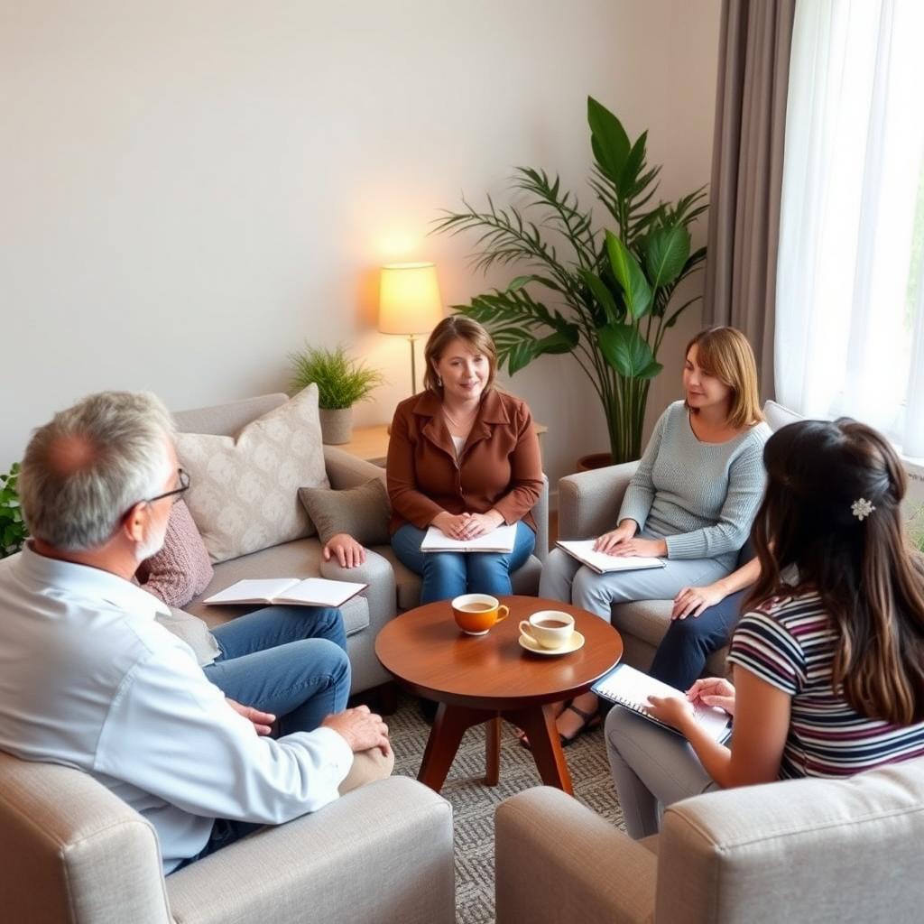 A peaceful family mediation session taking place in a serene, comfortable room