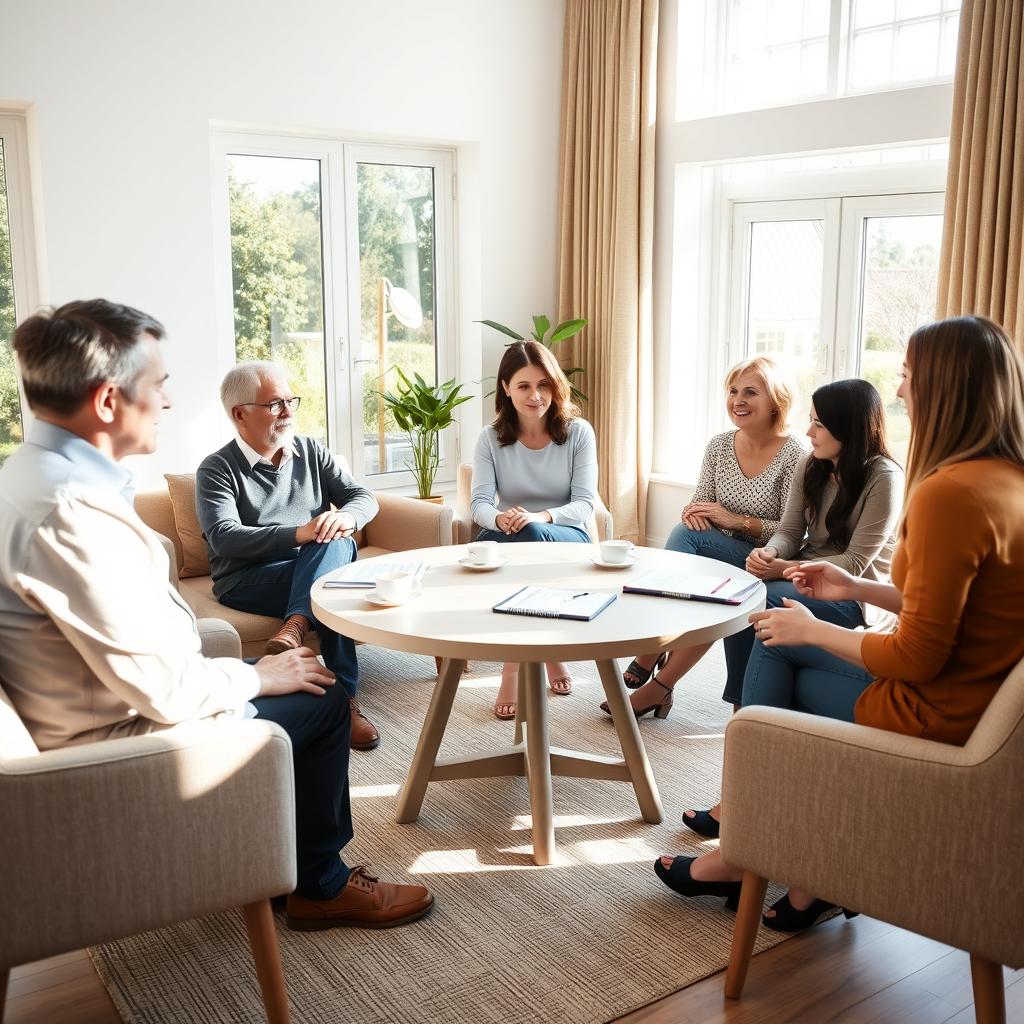 A family mediation session in a bright and comfortable room where all participants are wearing shoes