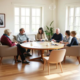 A family mediation session in a bright and comfortable room where all participants are wearing shoes