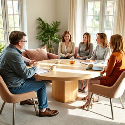 A family mediation session in a bright and comfortable room where all participants are wearing shoes