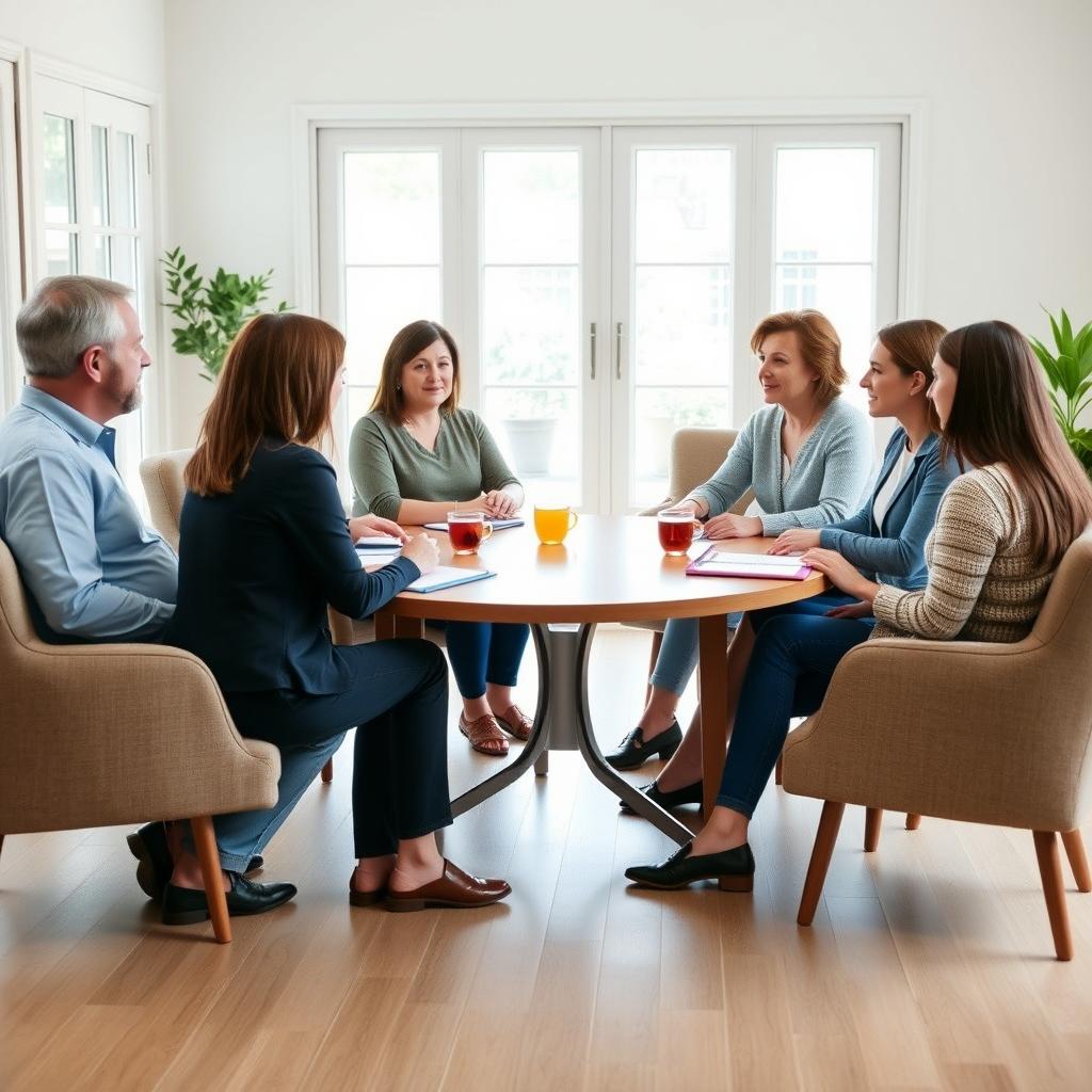 A family mediation session in a bright and comfortable room where all participants are wearing shoes