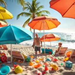 A lively beach scene featuring a vibrant and colorful atmosphere with beach umbrellas, palm trees, and waves crashing gently on the shore