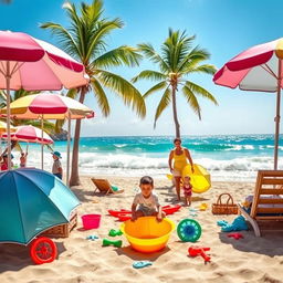 A lively beach scene featuring a vibrant and colorful atmosphere with beach umbrellas, palm trees, and waves crashing gently on the shore