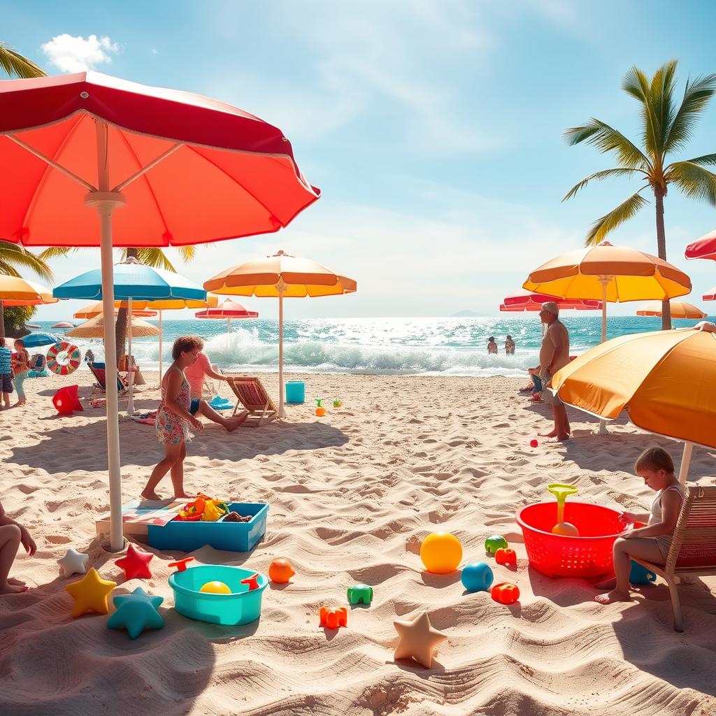 A lively beach scene featuring a vibrant and colorful atmosphere with beach umbrellas, palm trees, and waves crashing gently on the shore