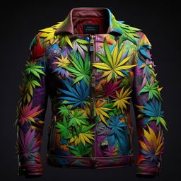 A more formal, tactile leather jacket with the vibrant, hallucinatory art of Takashi Murakami. The design focuses on a detailed, exquisitely rendered marijuana leaf graphic.