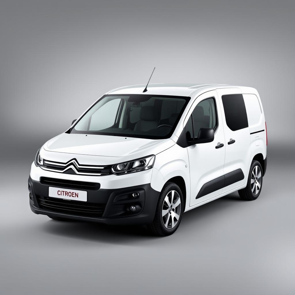 A striking Citroen Berlingo van with a pristine white finish, positioned against a smooth grey background