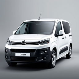 A striking Citroen Berlingo van with a pristine white finish, positioned against a smooth grey background