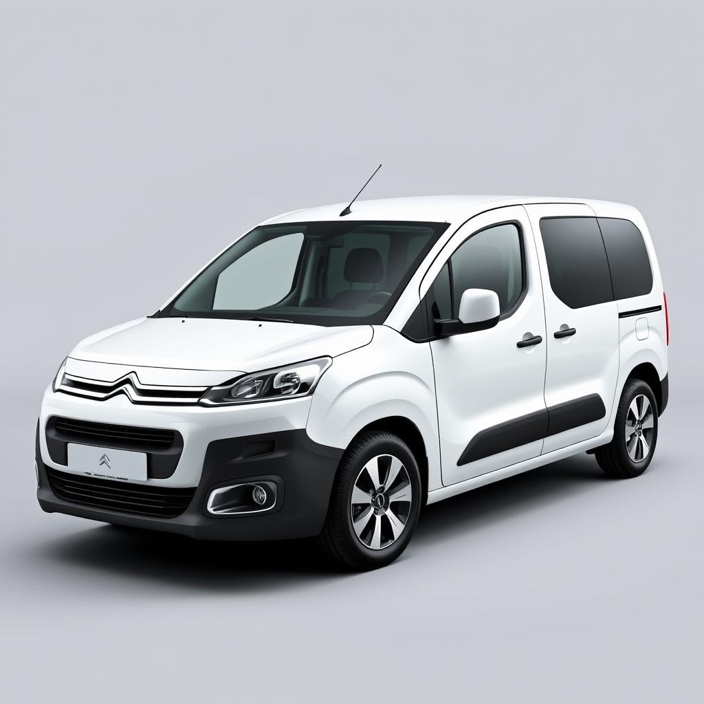 A striking Citroen Berlingo van with a pristine white finish, positioned against a smooth grey background