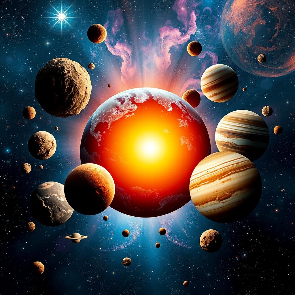 A beautifully detailed and artistic representation of planetary models, showcasing various celestial bodies in a cosmic setting