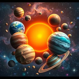 A beautifully detailed and artistic representation of planetary models, showcasing various celestial bodies in a cosmic setting