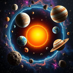 A beautifully detailed and artistic representation of planetary models, showcasing various celestial bodies in a cosmic setting