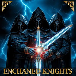 A book cover titled 'ENCHANTED KNIGHTS' featuring three brave knights dressed in advanced, stunning black hooded hero attire