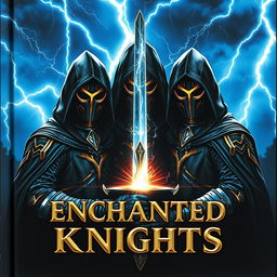 A book cover titled 'ENCHANTED KNIGHTS' featuring three brave knights dressed in advanced, stunning black hooded hero attire