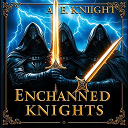 A book cover titled 'ENCHANTED KNIGHTS' featuring three brave knights dressed in advanced, stunning black hooded hero attire