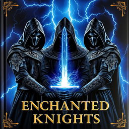 A book cover titled 'ENCHANTED KNIGHTS' featuring three brave knights dressed in advanced, stunning black hooded hero attire