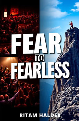 A book cover for 'FEAR TO FEARLESS', featuring a collage of anxiety-inducing situations like crowded public speaking events, dark forests, and steep mountain cliffs on the left side, transitioning to uplifting images of individuals overcoming their fears, such as confidently speaking to an audience, reaching the mountain summit, and embracing challenges on the right side