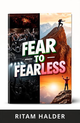 A book cover for 'FEAR TO FEARLESS', featuring a collage of anxiety-inducing situations like crowded public speaking events, dark forests, and steep mountain cliffs on the left side, transitioning to uplifting images of individuals overcoming their fears, such as confidently speaking to an audience, reaching the mountain summit, and embracing challenges on the right side