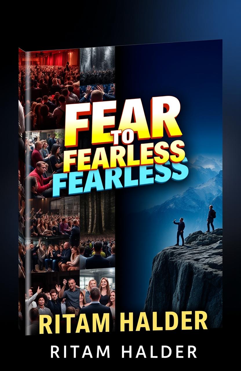 A book cover for 'FEAR TO FEARLESS', featuring a collage of anxiety-inducing situations like crowded public speaking events, dark forests, and steep mountain cliffs on the left side, transitioning to uplifting images of individuals overcoming their fears, such as confidently speaking to an audience, reaching the mountain summit, and embracing challenges on the right side