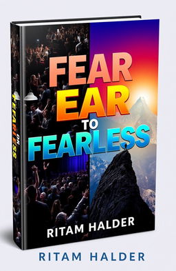 A book cover for 'FEAR TO FEARLESS', featuring a collage of anxiety-inducing situations like crowded public speaking events, dark forests, and steep mountain cliffs on the left side, transitioning to uplifting images of individuals overcoming their fears, such as confidently speaking to an audience, reaching the mountain summit, and embracing challenges on the right side