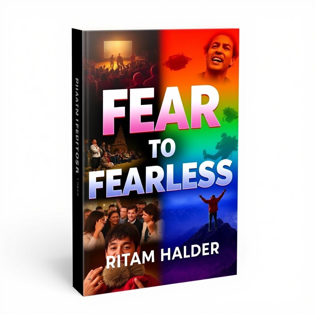 A book cover for 'FEAR TO FEARLESS', featuring a vibrant collage that juxtaposes various anxiety-inducing scenarios such as crowded public spaces, gloomy settings, and challenging terrains on the left side, slowly transitioning into empowering images of individuals triumphantly overcoming their fears, including confident public speakers and climbers reaching mountain summits on the right side