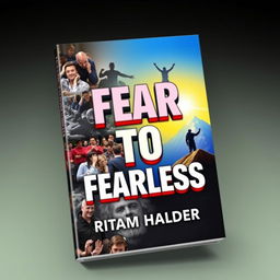 A book cover for 'FEAR TO FEARLESS', featuring a vibrant collage that juxtaposes various anxiety-inducing scenarios such as crowded public spaces, gloomy settings, and challenging terrains on the left side, slowly transitioning into empowering images of individuals triumphantly overcoming their fears, including confident public speakers and climbers reaching mountain summits on the right side