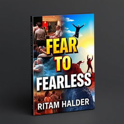 A book cover for 'FEAR TO FEARLESS', featuring a vibrant collage that juxtaposes various anxiety-inducing scenarios such as crowded public spaces, gloomy settings, and challenging terrains on the left side, slowly transitioning into empowering images of individuals triumphantly overcoming their fears, including confident public speakers and climbers reaching mountain summits on the right side