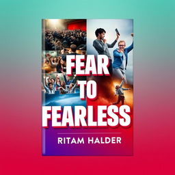 A book cover for 'FEAR TO FEARLESS', featuring a vibrant collage that juxtaposes various anxiety-inducing scenarios such as crowded public spaces, gloomy settings, and challenging terrains on the left side, slowly transitioning into empowering images of individuals triumphantly overcoming their fears, including confident public speakers and climbers reaching mountain summits on the right side