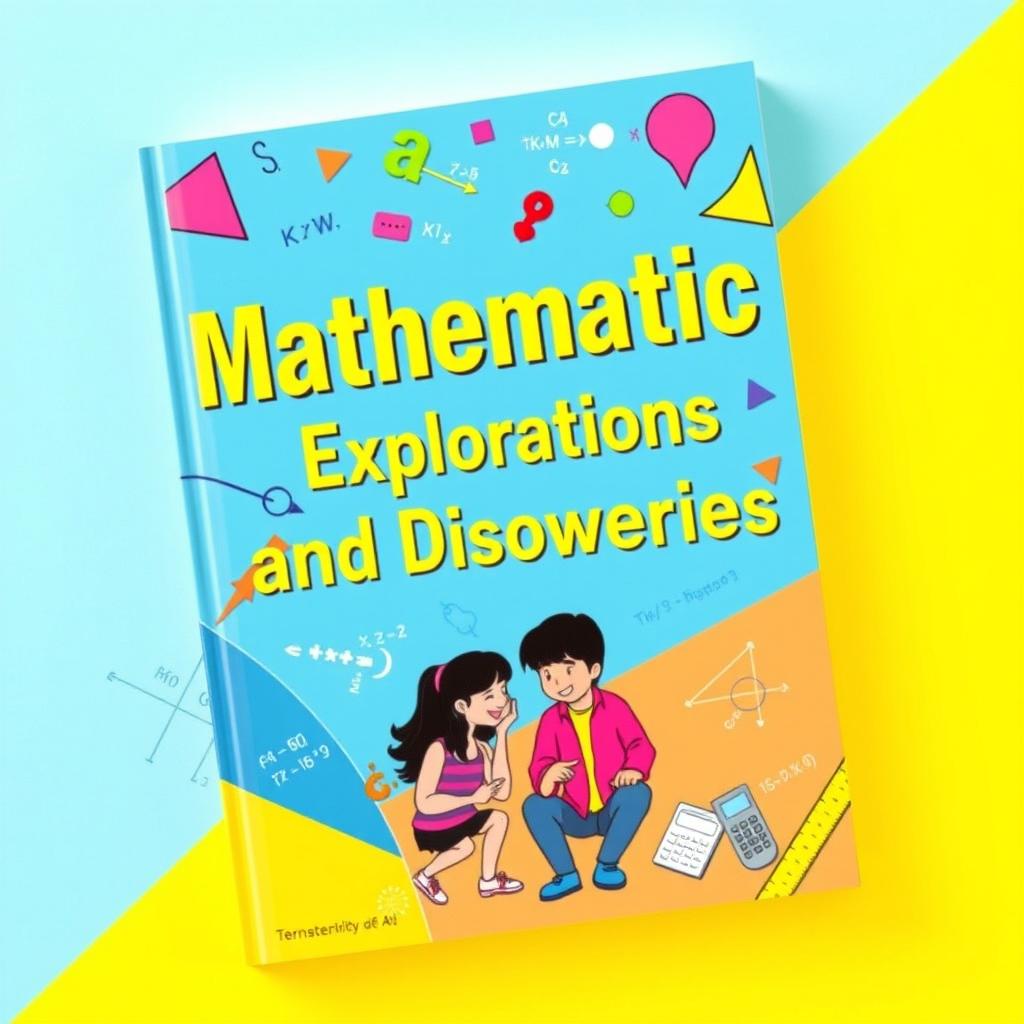 A vibrant and engaging math textbook cover designed for a secondary school audience, featuring dynamic geometric shapes, colorful formulas, and illustrations of students engaged in mathematical discussions