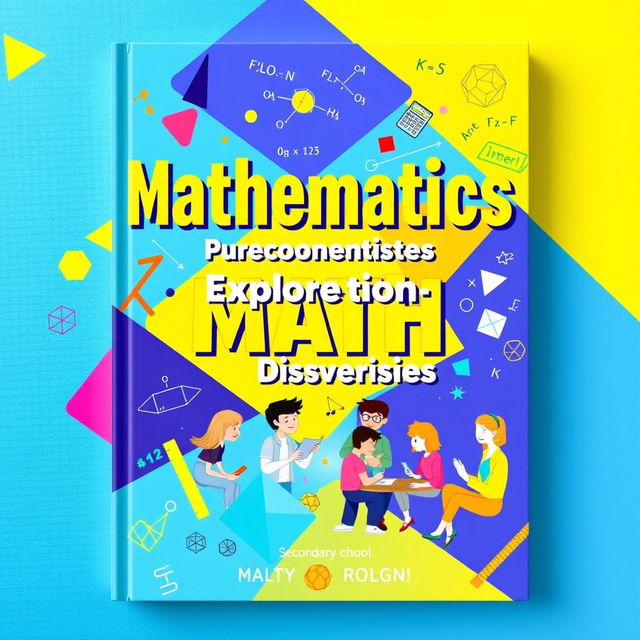 A vibrant and engaging math textbook cover designed for a secondary school audience, featuring dynamic geometric shapes, colorful formulas, and illustrations of students engaged in mathematical discussions