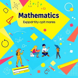 A vibrant and engaging math textbook cover designed for a secondary school audience, featuring dynamic geometric shapes, colorful formulas, and illustrations of students engaged in mathematical discussions