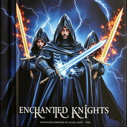 A book cover titled 'ENCHANTED KNIGHTS', featuring three brave knights dressed in advanced stunning black hooded attire