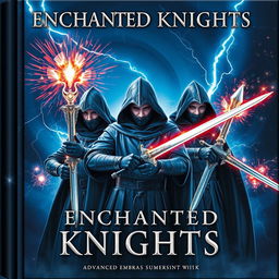 A book cover titled 'ENCHANTED KNIGHTS', featuring three brave knights dressed in advanced stunning black hooded attire