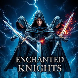 A book cover titled 'ENCHANTED KNIGHTS', featuring three brave knights dressed in advanced stunning black hooded attire