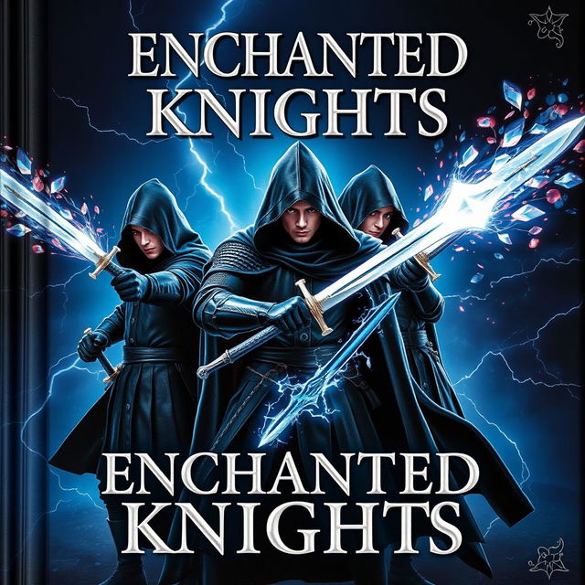 A book cover titled 'ENCHANTED KNIGHTS', featuring three brave knights dressed in advanced stunning black hooded attire