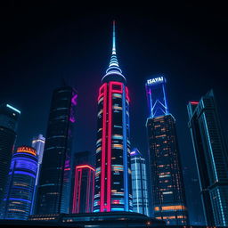 A macro flat colored closeup of a futuristic city at night, featuring towering skyscrapers illuminated by vibrant neon lights in shades of blue, red, and purple, contrasting sharply with the dark sky